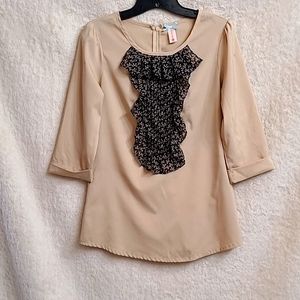 Tan top, with ribbon print ruffle